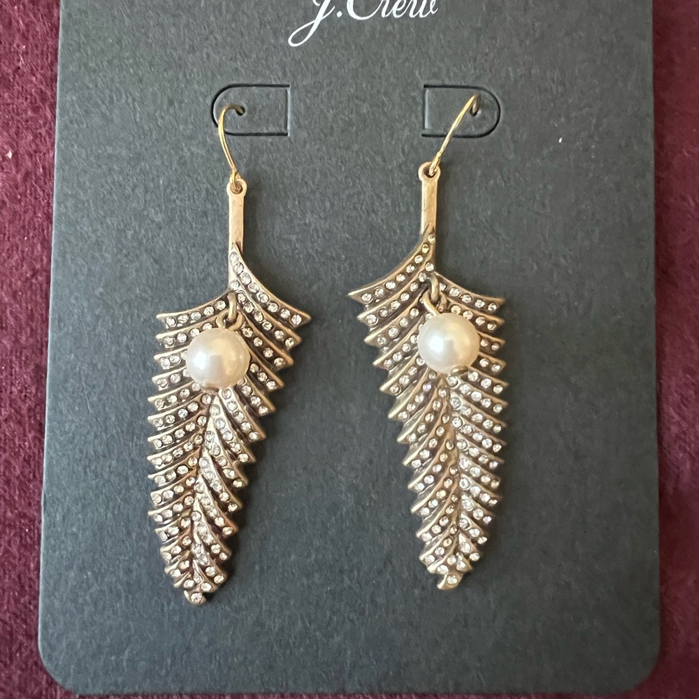 J. Crew Gold and Pearl Feather Earrings